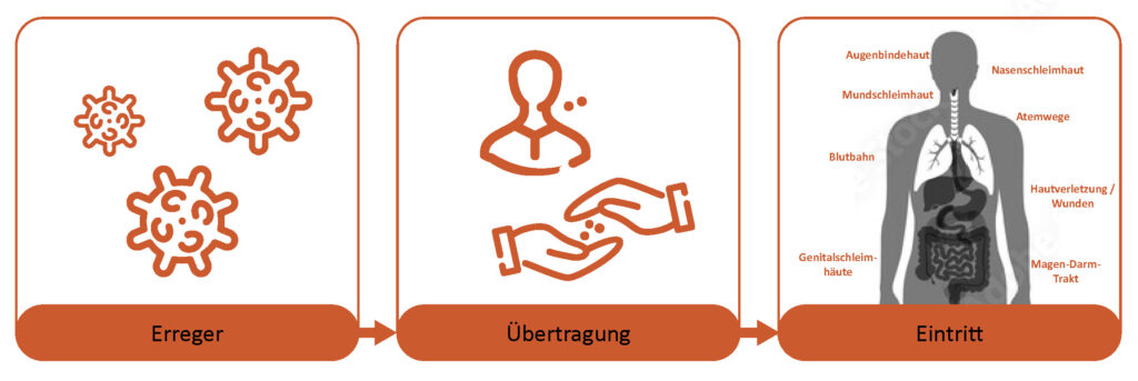 Drei Piktogramme zu Viren, Übertragungswegen und Eintrittspforten in den Körper 1: Erreger 2: Übertragung 3: Eintritt