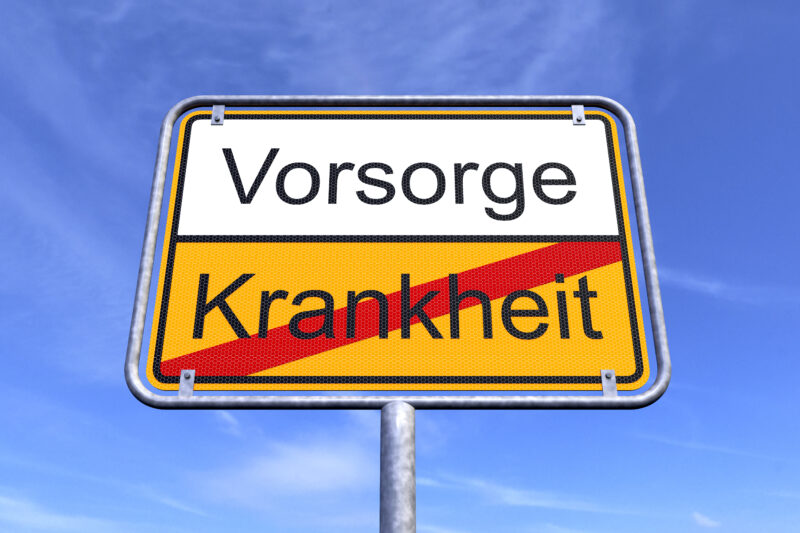 3d Illustration - Ortsschild - Ortstafel - Vorsorge - Krankheit - Himmel - Wolken