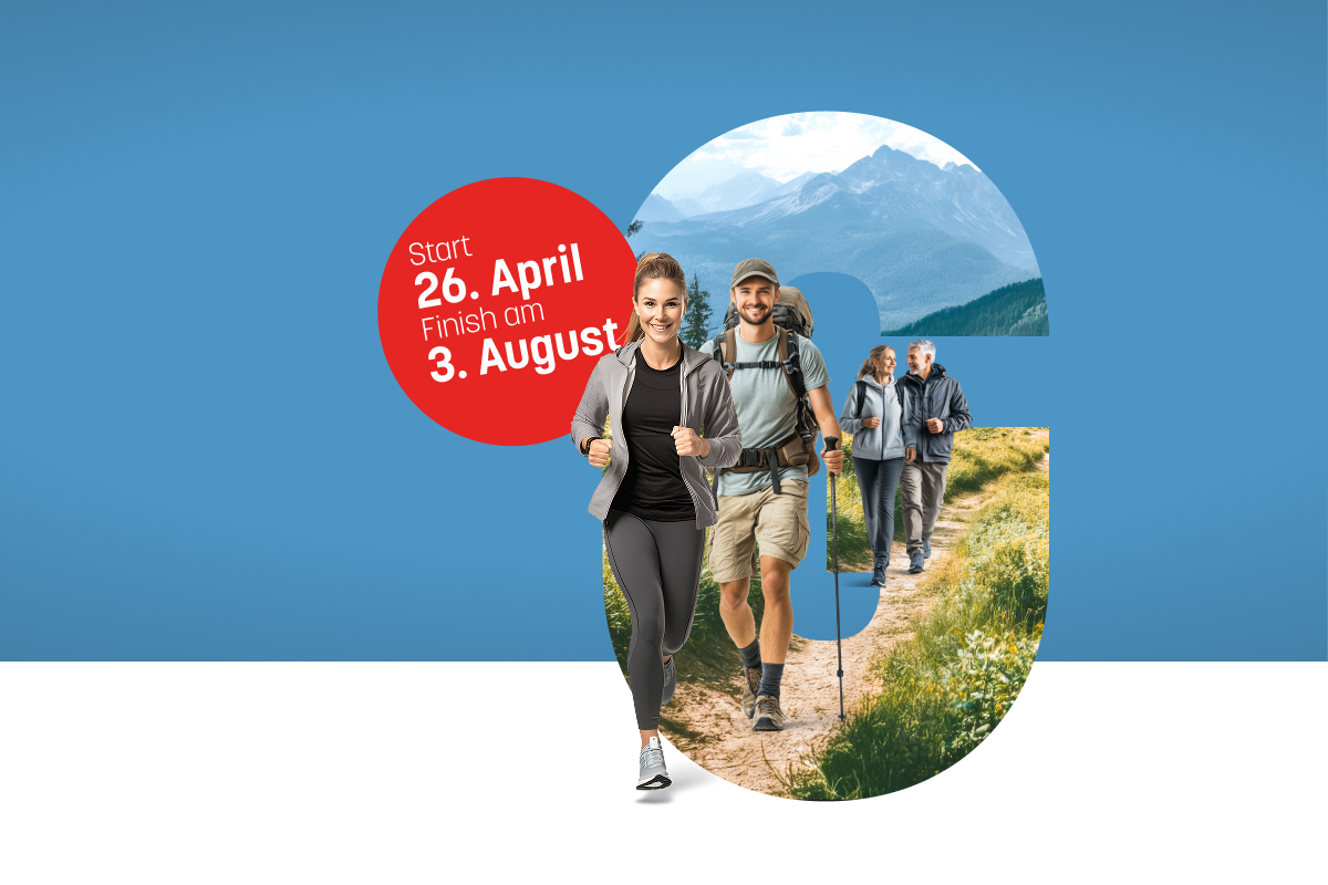 Eine Fotomontage mit einem großen G auf blauem Hintergrund, innerhalb des G eine Berglandschaft mit 4 Personen unterschiedlichen Alters, die sich aktiv bewegen.