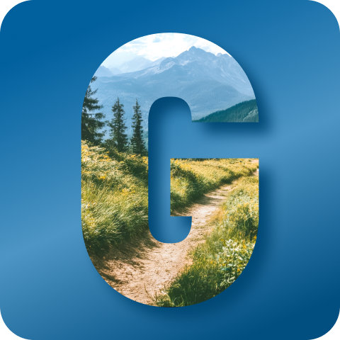 Fotomontage mit großem G auf blauem Hintergrund, innerhalb des G eine Berglandschaft